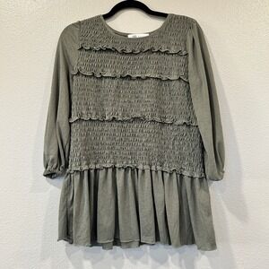 Fever Ruffled Smocked‎ Tiered Long Sleeve Tunic Top Green Women's Size L